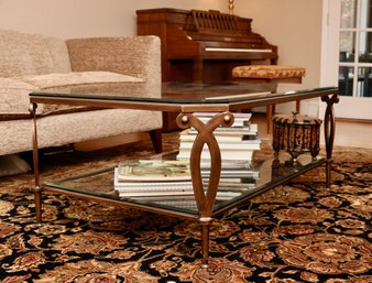 Octagonal Beveled 3/4' Tempered Glass Copper Tone Coffee Table With Bottom Shelf