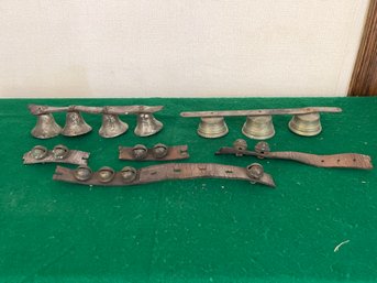Lot Antique Bells On Leather