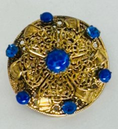 VINTAGE BLUE GLASS AND RHINESTONE GOLD TONE 3D BROOCH