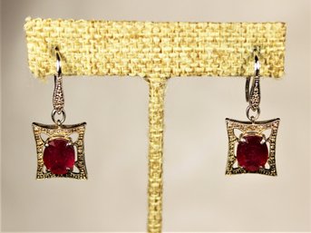 Sterling Silver Genuine Ruby And Tiny Diamond Pierced Earrings