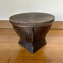 An Asian Woven Basket With A Wood Base - Cute Spot For A Book Or A Drink - Plus Storage!