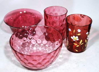 Lot For Pieces Victorian Cranberry Glass Tumblers And Finger Bowls