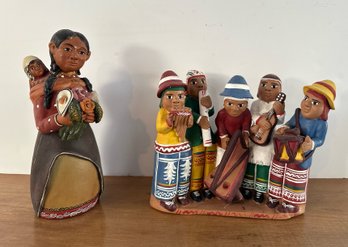 Vintage Peruvian Pottery Figurines, Mother With Baby And Five Musicians