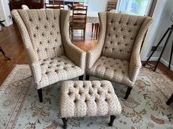 Pair High Backed Oversized Tufted Upholstered Armchairs And Ottoman  Orig. $1200 Each