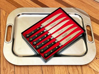 A Set Of French Sabatier Steak Knives And A Vintage Modern Chrome Serving Tray