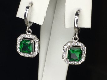 Gorgeous Brand New 925 / Sterling Silver Earrings With Emerald Encircled With Sparkling White Zircons - GIFT !