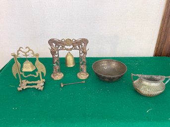 Group Of Asian Items Including 2 Bells, Pot, And Tin Bowl