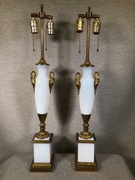 Same Pair Online For $5,800 - Fabulous Pair Antique White Opaline Empire Table Lamps With Bronze Ormolu Mounts