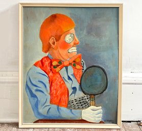 A Framed Oil On Canvas Of A Clown Signed 'r. Kaplan'