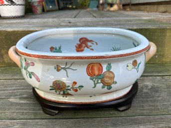 Vintage Chinese Decorative Bowl /planter /centerpiece Foot Bath With Markings And Wood Stand