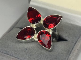 Fantastic Sterling Silver / 925 Flower / Floral Style Cocktail Ring With Garnets - Nice ! - Great Gift !