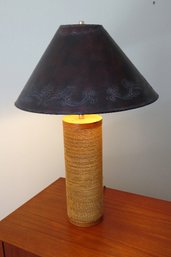 A Unique Twine Wrapped Wooden Table Lamp With Embossed Paper Shade