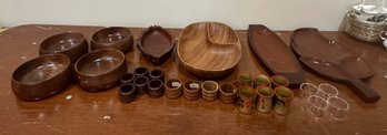 4 Wooden Serving Trays & Bowls - Monkey Pod Wood, Stephens & Different Napkins, 4 Teak Wood Napkin Holders.