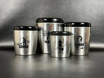 A Fabulous Mid-Century Canister Set In Aluminum With Great Graphics, Made In The USA By West Bend