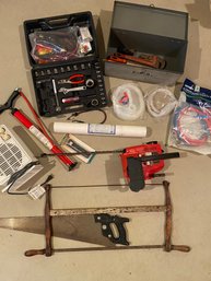 Assorted Tools: Homelite Chainsaw, Washing Machine Rubber Hose, Tool Set, Metal Box, See Photos For Details