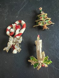 3 Vintage Jeweled Enamel & Gold Filigree Christmas Pins