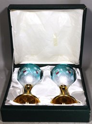 Pair Boxed Asian Enamel Goblets Orchid Flowers