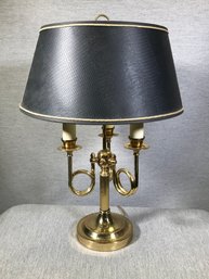 Very Nice Vintage Brass Hunting Horn / Bouillotte Library Lamp - Textured Lamp Shade - Works Fine - Nice Lamp