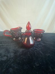 Avon Cape Cod Collection Ruby Red Glass Cruet, Cream And Sugar