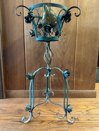 Green Painted Wrought Iron Rose Decorated Plant Stand