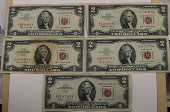 1963 $2 Red Seal Note Lot Of 5