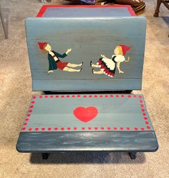 Beautifully Painted Antique Cast Iron & Wooden Kids Desk With Bench For Seating  & Small Shelf For Books