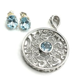 Beautiful Lot Of Sterling Silver Aquamarine Stone Stud Earrings And Ornate Pendant