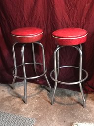 2 Matching Vintage Soda Fountain Shop Swivel Chairs Original Seats Chrome Legs