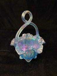 Fenton Blue Carnival Glass Basket With Twisted Handle