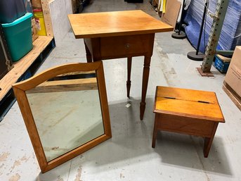 Vintage Candle Stand Table, Framed Mirror And Hinged Storage Bench Lot