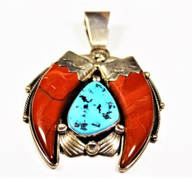 Large Southwestern Style Tooth Formed Turquoise & Coral Sterling Silver Pendant