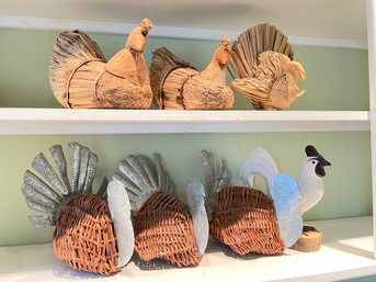 Collection Of Artisan Decorative Turkeys And Chickens.