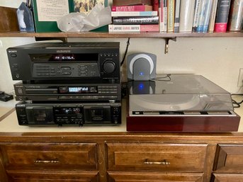 Sony Stereo Receiver, Denon Record Player, Techincs CD Player & Sony Cassette Deck