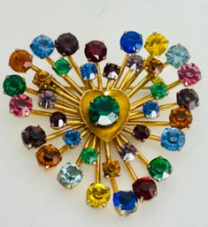 LARGE GORGEOUS GOLD OVER STERLING MULTI COLOR RHINESTONE HEART BROOCH - VINTAGE