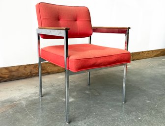 Mid Century Shaw-Walker Chrome And Red Fabric Armchair