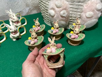 Vtg Bunnies In Baskets Napkin Rings 6pcs As Is