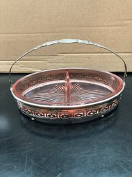 1940's  Vintage Divided Pink Depression Glass Silver Metal Surround With Handle.