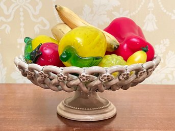 A Vintage Ceramic Fruit Basket With Art Glass And More Fruit