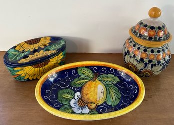 Trio Of Mexican Pottery Pieces, Handpainted