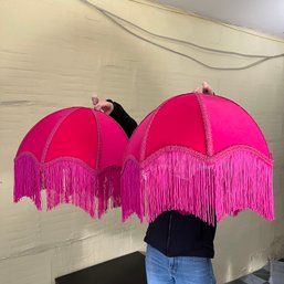 A Pair Of  Velvet Deco Style Victorian Lamp Shades With Fringe - Vibrant Pink
