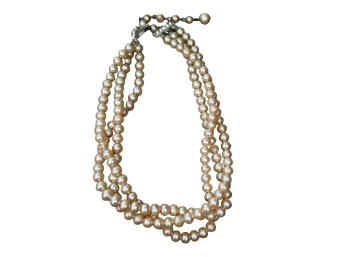 Vintage 3-strand Pearl Necklace With Fancy Pave Clasp In Silver