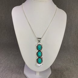 Beautiful Vintage 925 / Sterling Silver Necklace With Turquoise Navajo Pendant - Very Unusual Piece - Nice !