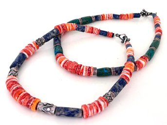 A Pair Of Semi-Precious Abstract Necklaces In With Sterling Silver Clasps And Dividing Beads