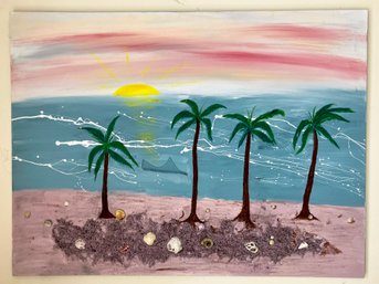 A Large Mixed Media On Canvas, Beach Scene, Unsigned