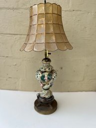 Antique Capodimonte Lamp With Amazing Capiz Shell Lamp Shade