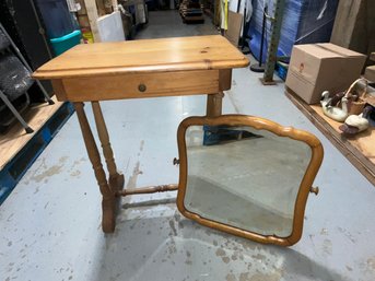 Nice Solid Vintage Amish Table And Beveled Framed Mirror