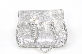 Roberto Cavalli Metallic Silver Crocodile Embossed Bag