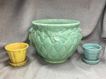 Three Vintage McCOY Pottery Pieces - Including Large Green Jardiniere And Two Flower Pots - All For One Bid !