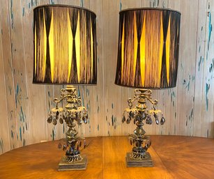 Pair Of Mid Century Smoked Glass Prisms Adorned Antiqued Brass Lamps With Two Tone Shades