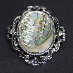 Vintage Large Silver Tone Brooch Having Large Abalone Shell